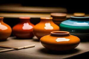 une groupe de coloré des vases séance sur une tableau. généré par ai photo