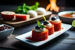 une assiette avec nourriture sur il et une Feu. généré par ai photo