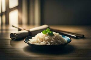 une bol de riz avec baguettes et une feuille. généré par ai photo