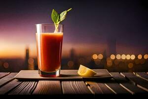 une verre de jus avec une tranche de citron sur une en bois tableau. généré par ai photo