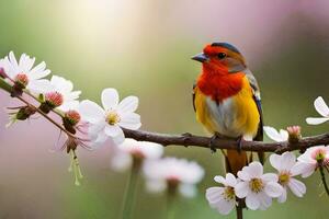 photo fond d'écran le ciel, fleurs, des oiseaux, printemps, le oiseau, printemps fleurs, des oiseaux,. généré par ai