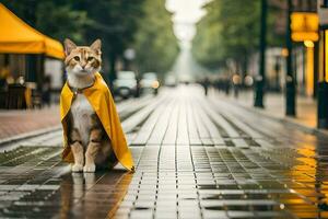 une chat portant une Jaune imperméable sur une rue. généré par ai photo