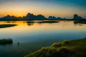 le Soleil ensembles plus de une rivière et montagnes. généré par ai photo