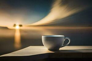 une tasse de café sur une table dans de face de le océan. généré par ai photo