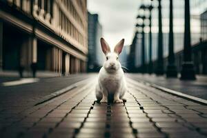 une blanc lapin est permanent sur une brique route. généré par ai photo