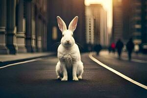une blanc lapin séance sur le rue dans de face de une ville. généré par ai photo