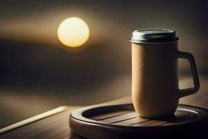 une café tasse séance sur une en bois plateau avec une Soleil dans le Contexte. généré par ai photo