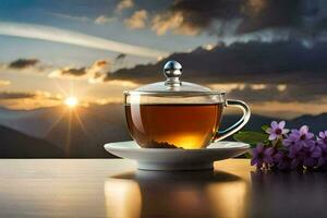 une tasse de thé sur une table avec une vue de le montagnes. généré par ai photo
