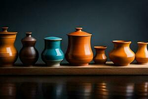 une rangée de coloré des vases sur une en bois étagère. généré par ai photo