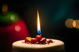 une proche en haut de une anniversaire gâteau avec une allumé bougie. généré par ai photo