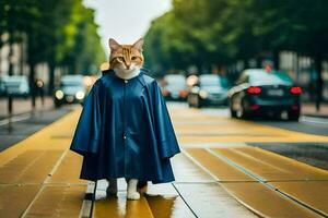 une chat portant une imperméable sur une rue. généré par ai photo