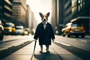 une chien habillé dans une costume et attacher permanent sur une ville rue. généré par ai photo