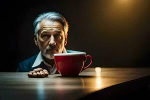 un plus âgée homme séance à une table avec une tasse de café. généré par ai photo