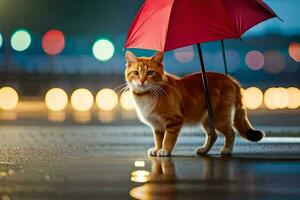 une chat est permanent en dessous de un parapluie à nuit. généré par ai photo