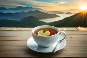 une tasse de thé sur une en bois table avec montagnes dans le Contexte. généré par ai photo