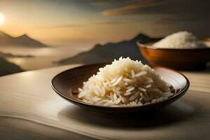 le riz est servi dans une bol sur une en bois tableau. généré par ai photo