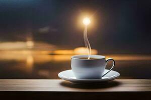 une tasse de café sur une en bois table avec une brillant lumière. généré par ai photo