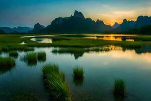 le Soleil ensembles plus de une Lac et montagnes dans Chine. généré par ai photo