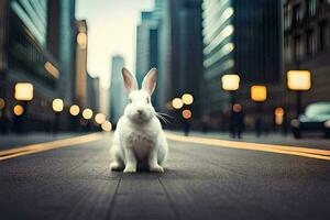 une blanc lapin est séance sur le rue dans une ville. généré par ai photo