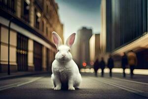 une blanc lapin est séance sur le rue. généré par ai photo