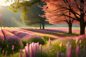 lavande champ avec rose fleurs et des arbres à le coucher du soleil. généré par ai photo