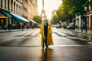 une Renard dans une Jaune manteau permanent dans le milieu de une ville rue. généré par ai photo