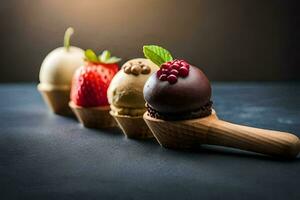 Chocolat la glace crème dans une en bois cône. généré par ai photo