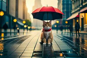 une chat est permanent sur une rue avec un parapluie. généré par ai photo
