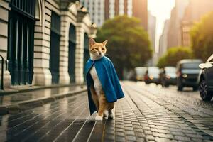 une chat portant une cap des promenades vers le bas une rue. généré par ai photo