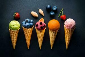 cinq la glace crème cônes avec différent les saveurs de fruit. généré par ai photo
