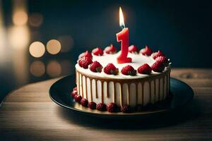 une anniversaire gâteau avec une bougie sur Haut. généré par ai photo