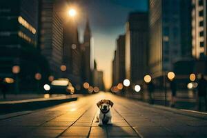 une chien séance sur le rue dans une ville à nuit. généré par ai photo