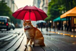 un Orange chat séance sur une rue avec un parapluie. généré par ai photo