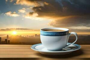 une tasse de café sur une en bois table avec une vue de le ville. généré par ai photo