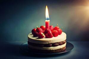 une anniversaire gâteau avec une Célibataire bougie. généré par ai photo