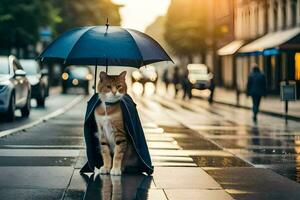 une chat dans une manteau et parapluie permanent sur une rue. généré par ai photo