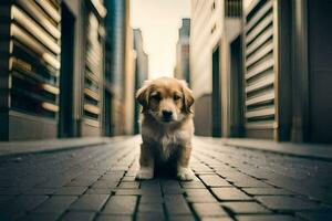 une chiot est permanent sur une brique route dans un ruelle. généré par ai photo