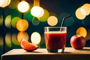 une verre de jus avec un Pomme et une paille. généré par ai photo