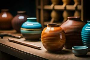 une groupe de coloré des vases sont séance sur une tableau. généré par ai photo