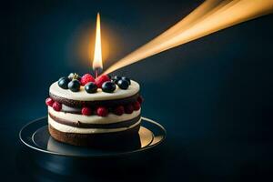 une anniversaire gâteau avec une bougie sur Haut. généré par ai photo