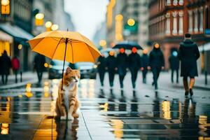 une chat en marchant dans le pluie avec un parapluie. généré par ai photo