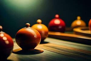 une groupe de coloré céramique des vases sur une en bois tableau. généré par ai photo