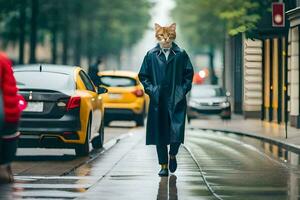 une chat portant une imperméable des promenades vers le bas une rue. généré par ai photo