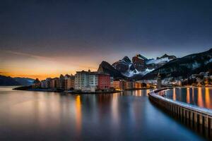 le ville de lofoten à le coucher du soleil. généré par ai photo