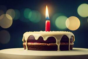 une anniversaire gâteau avec une allumé bougie. généré par ai photo