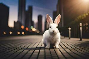 blanc lapin sur le rue. généré par ai photo