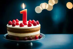 une anniversaire gâteau avec un bougie sur Haut. généré par ai photo