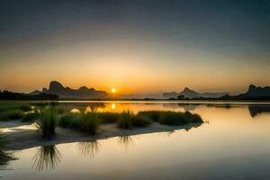 le Soleil monte plus de une Lac et montagnes dans Chine. généré par ai photo