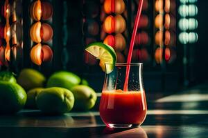 une verre de rouge jus avec une citron vert tranche. généré par ai photo