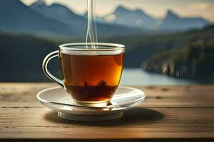 une tasse de thé sur une en bois tableau. généré par ai photo